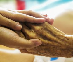 A younger person and an older person holding hands.