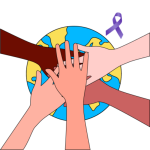 Peoples hands on the earth with a purple ribbon by it.
